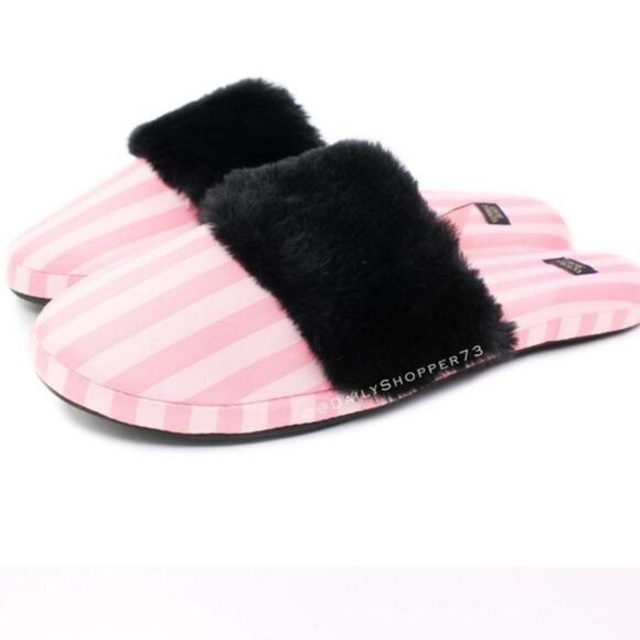 VICTORIA'S SECRET SIGNATURE SATIN SLIPPERS PINK STRIPE WITH FAUX FUR SLIPPER - Picture 9 of 13
